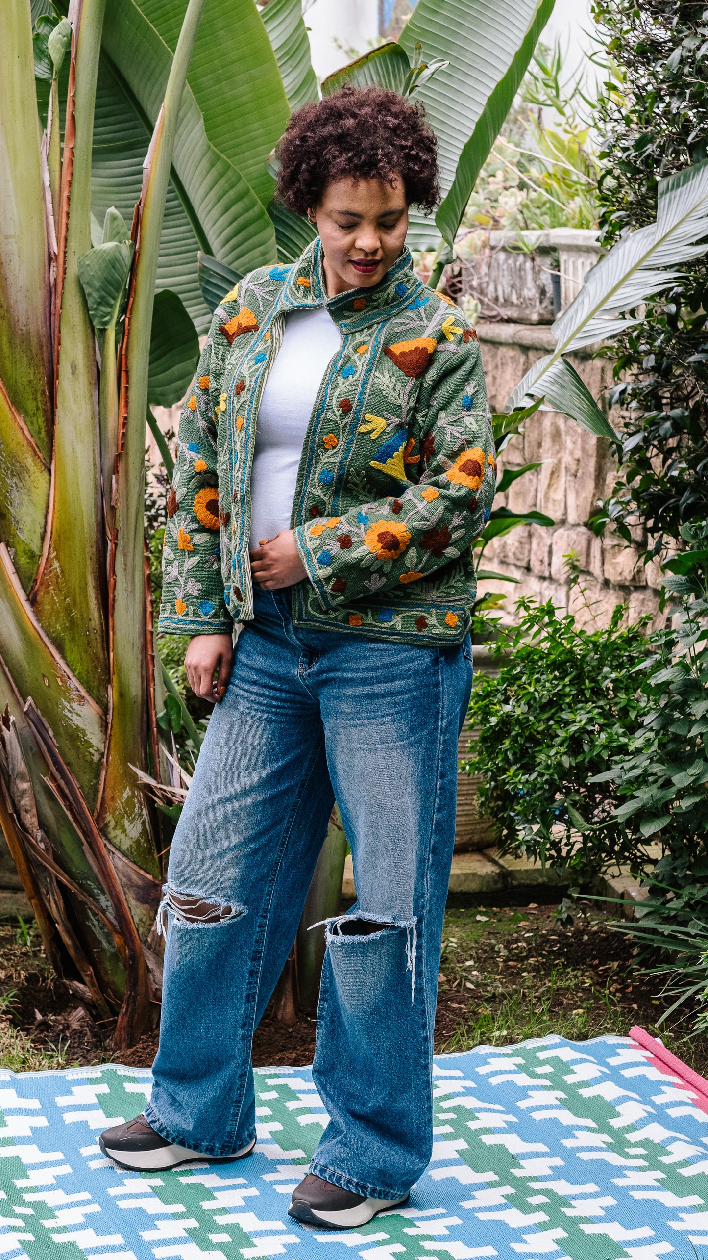 Cotton Weave Suzani Jacket - Green with Autumn Embroidered Blooms