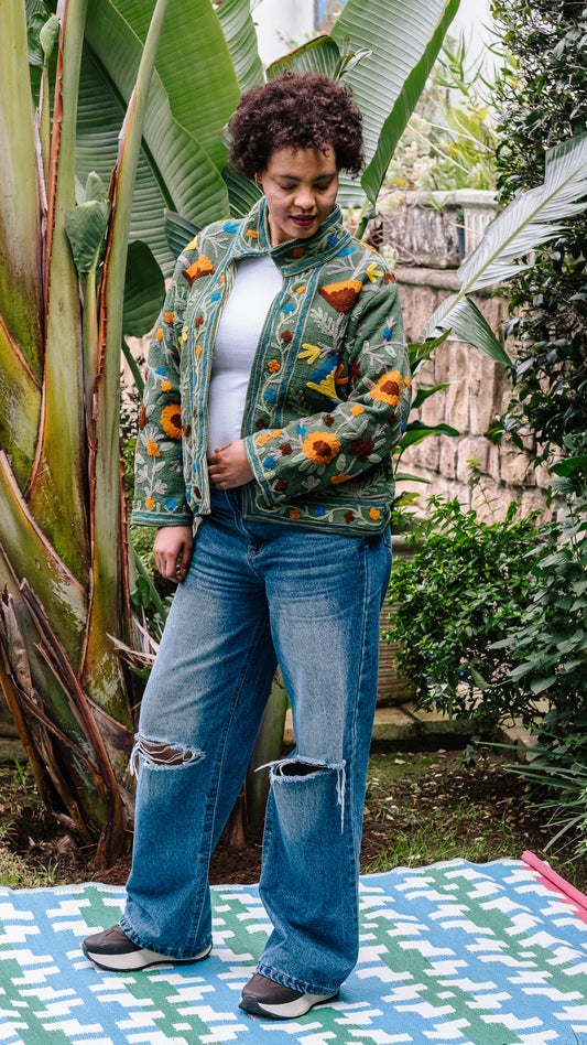 Cotton Weave Suzani Jacket - Green with Autumn Embroidered Blooms