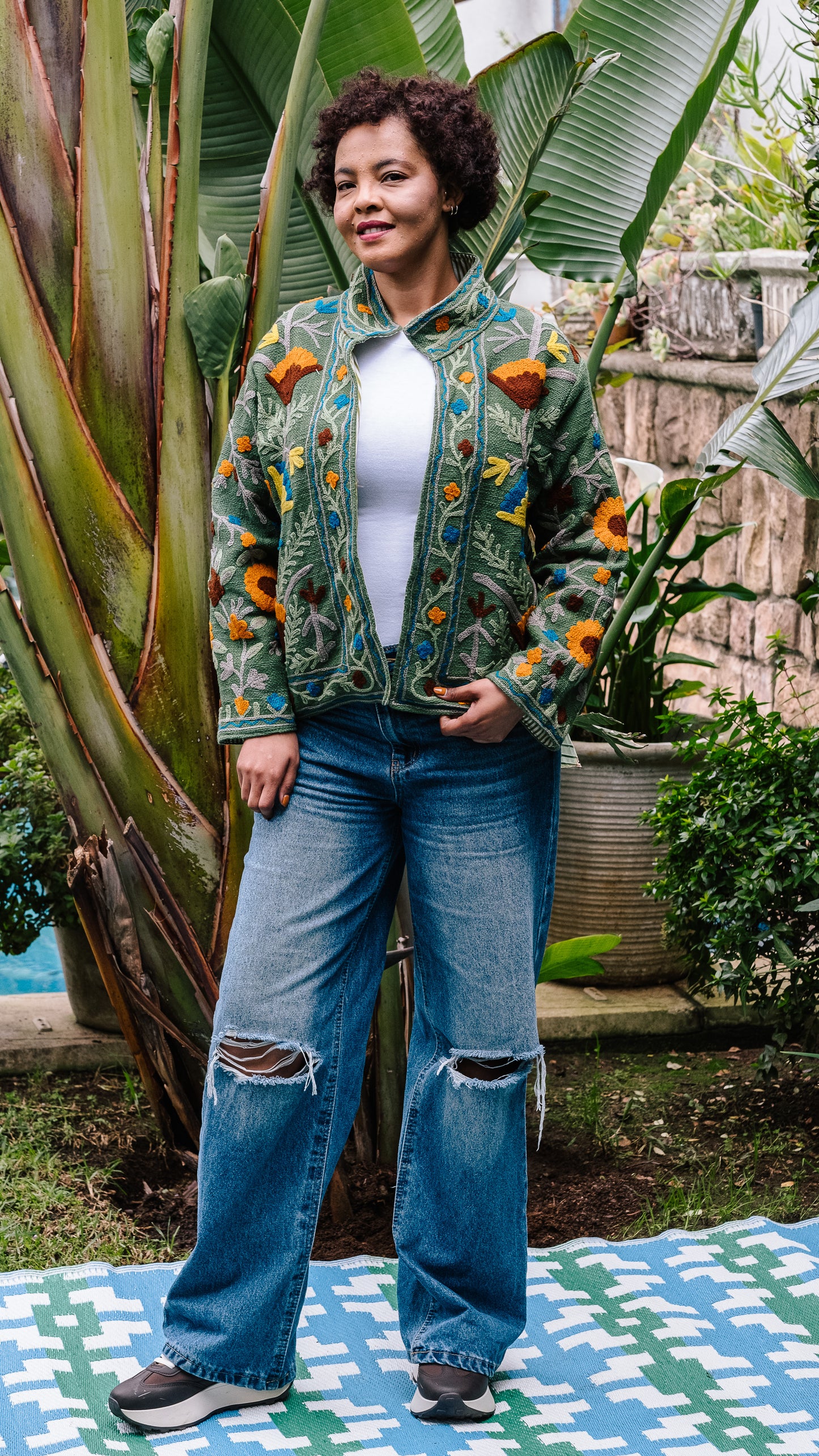 Cotton Weave Suzani Jacket - Green with Autumn Embroidered Blooms