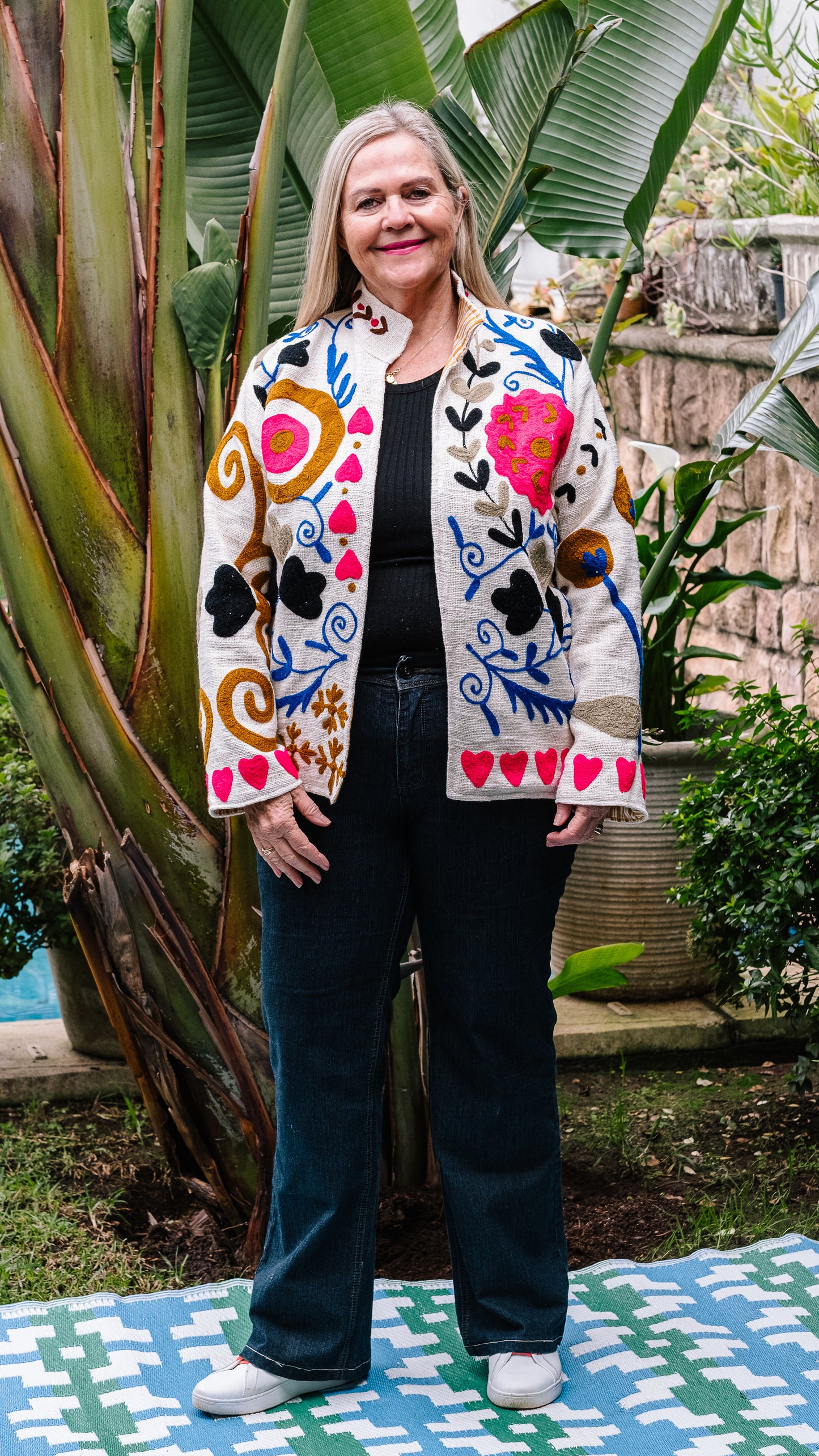 Cotton Weave Suzani Jacket - Cream with Lumo Berry Blooms Embroidery
