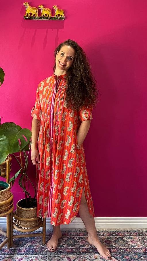 Ella Bella Shirt Dress - Hot Pink and Orange Striped Tigers