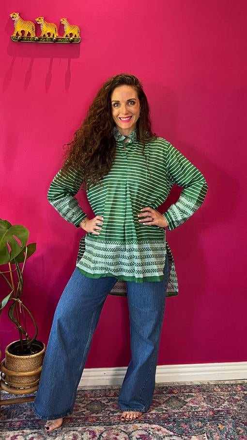 Frilly Sarong Blouse - Bottle Green Stripe