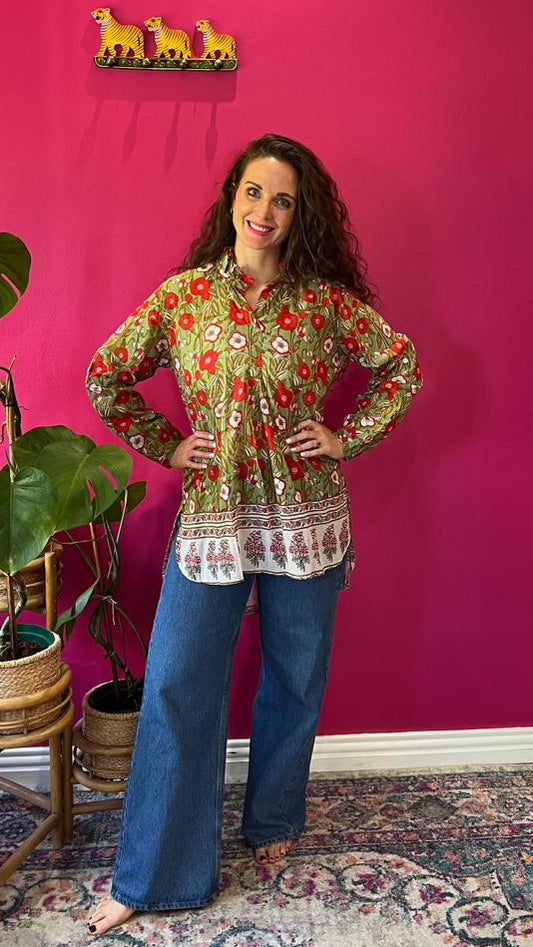 Frilly Sarong Blouse - Moss Green with Red and White Blooms