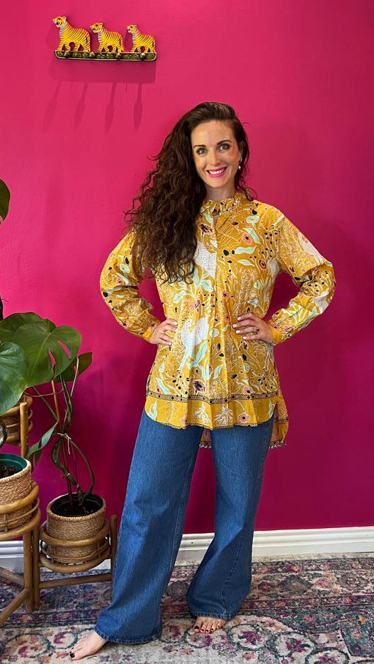 Frilly Sarong Blouse - Mustard Forest Deer