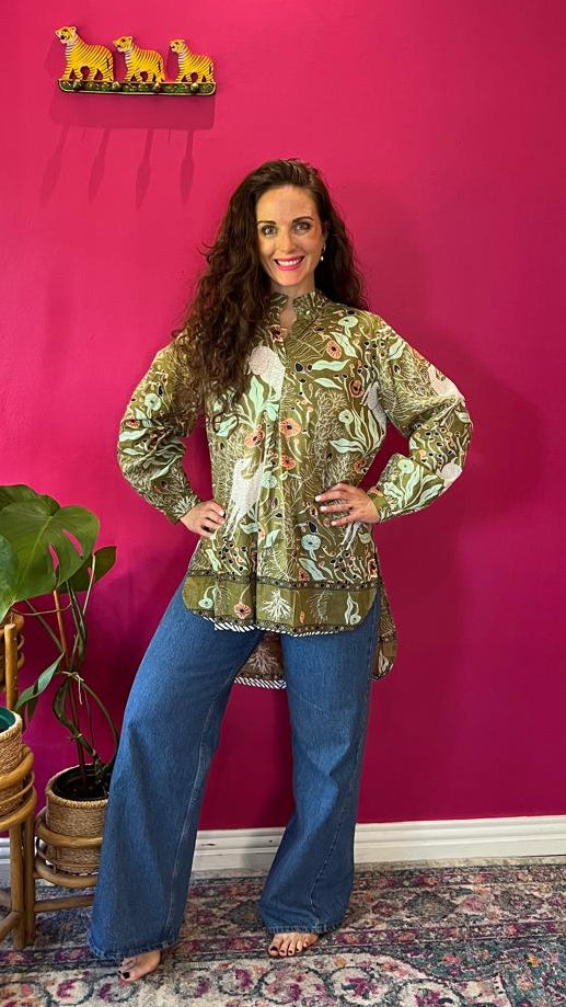 Frilly Sarong Blouse - Pickle Green Forest Deer