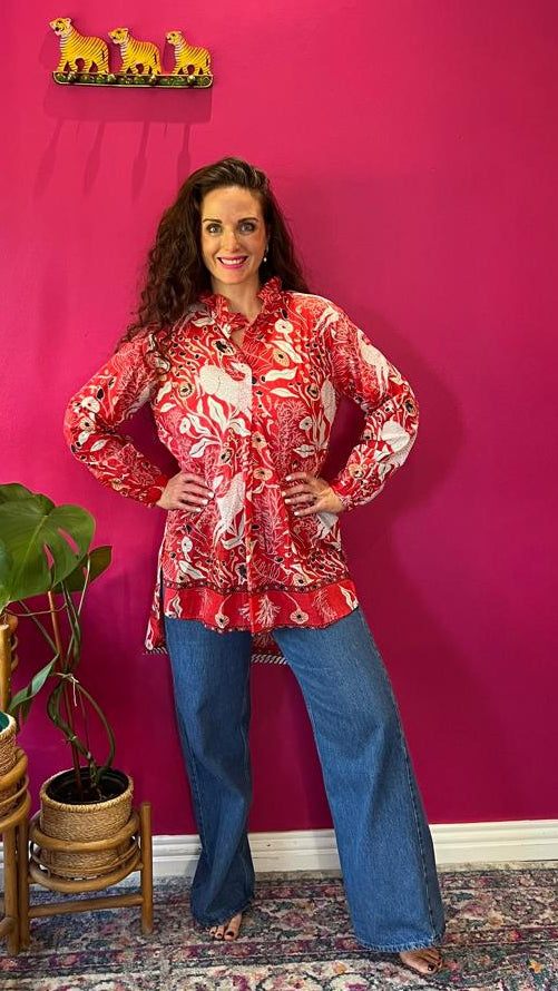 Frilly Sarong Blouse - Red Forest Deer
