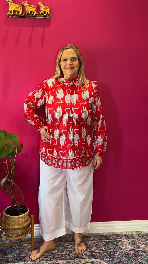Frilly Sarong Blouse - Red and Blue Playful Tiger