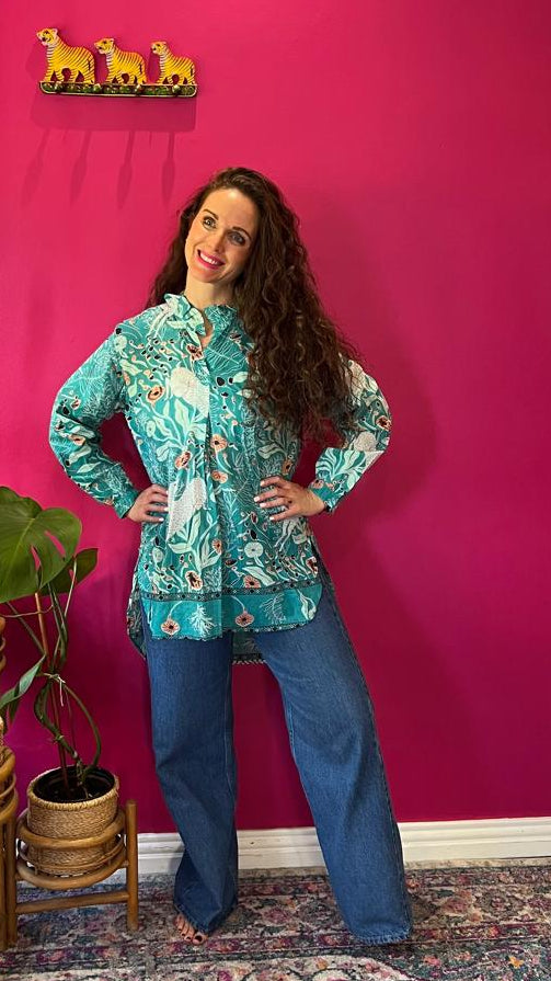 Frilly Sarong Blouse - Teal Forest Deer
