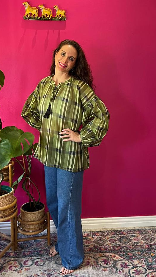 Gracie Blouse - Olive Green Bold Plaid