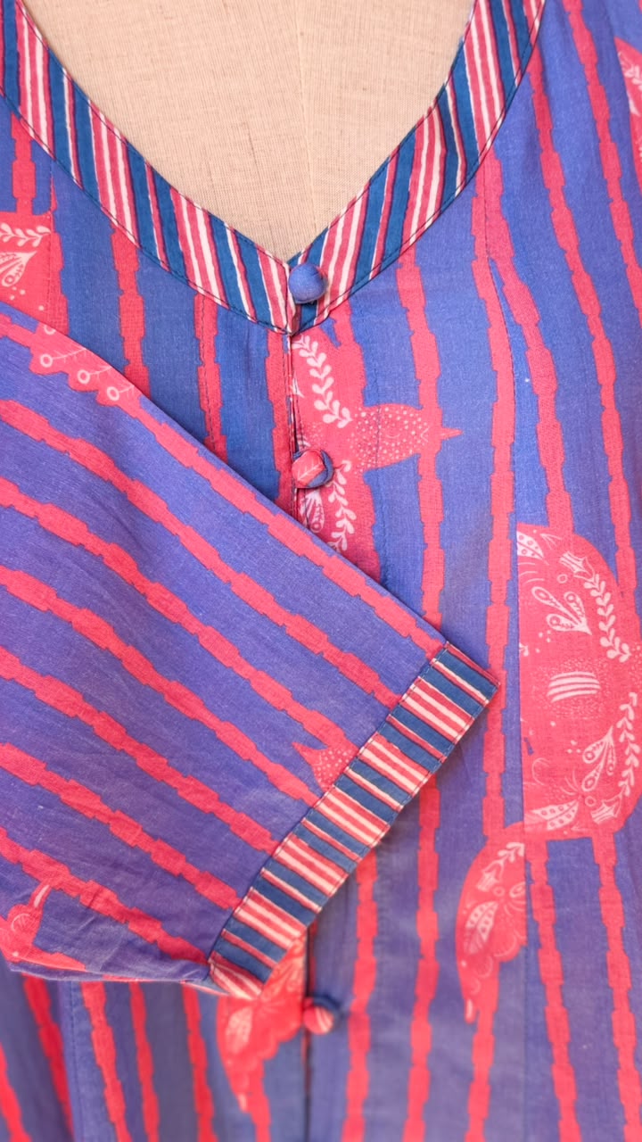 Close-up of a blue and red striped printed kurta on a dress form, featuring a V-neckline, button closure, and patterned sleeve cuff.