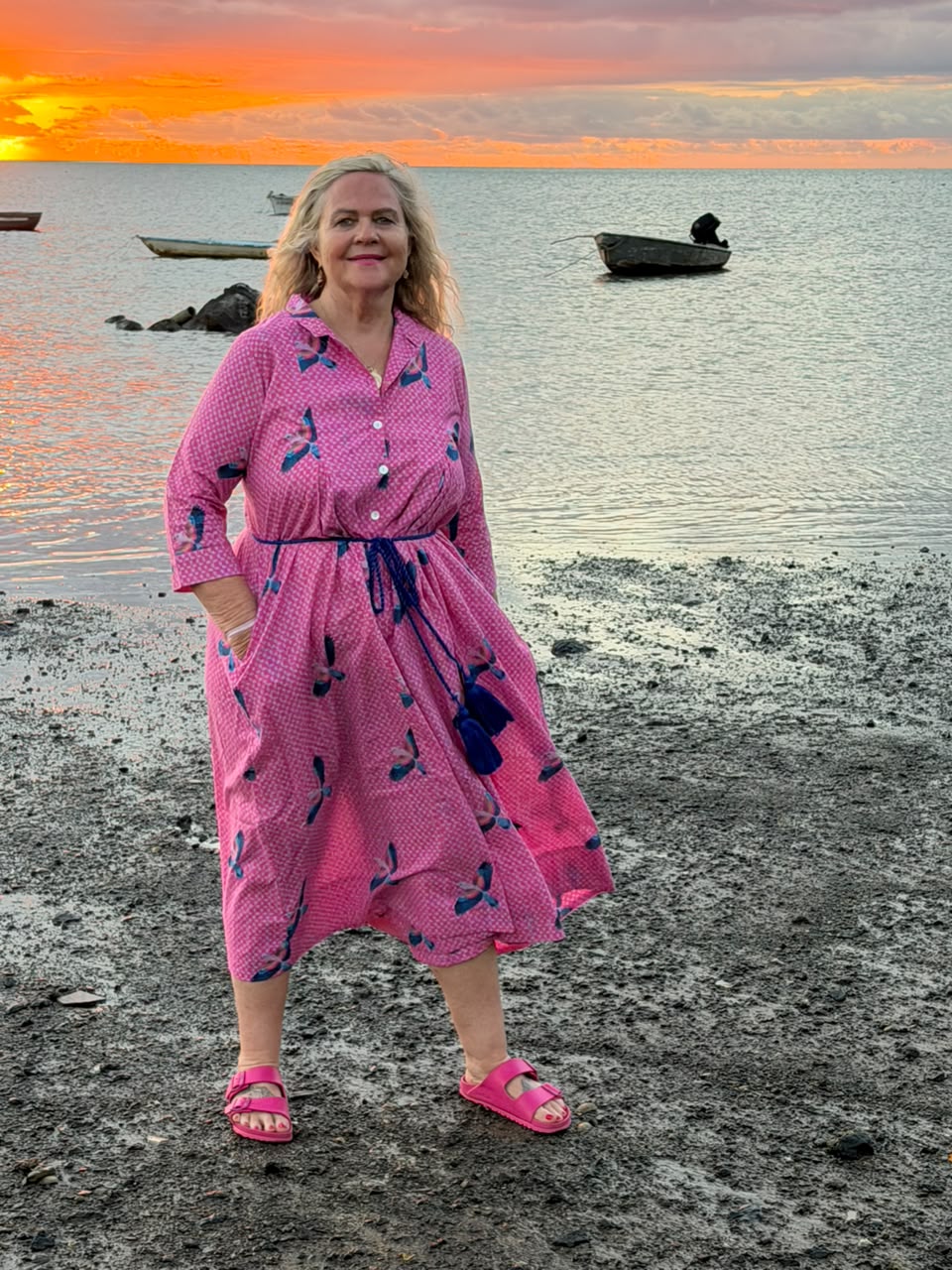 Jilly Jumpsuit Hot Pink Dappled Print with Flying Eagle in Tones of Cobalt Blue