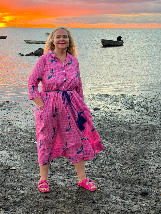 Jilly Jumpsuit Hot Pink Dappled Print with Flying Eagle in Tones of Cobalt Blue