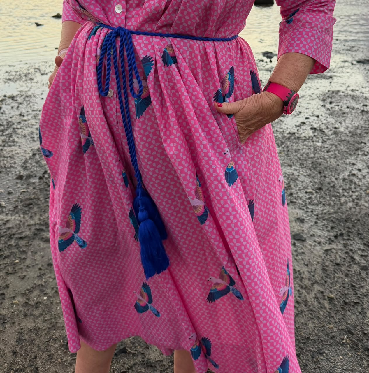 Jilly Jumpsuit Hot Pink Dappled Print with Flying Eagle in Tones of Cobalt Blue