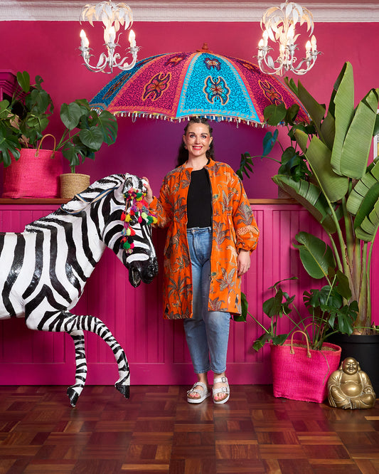 The Velvet Joy Jacket - Orange Zebra with Orange Bird Lining