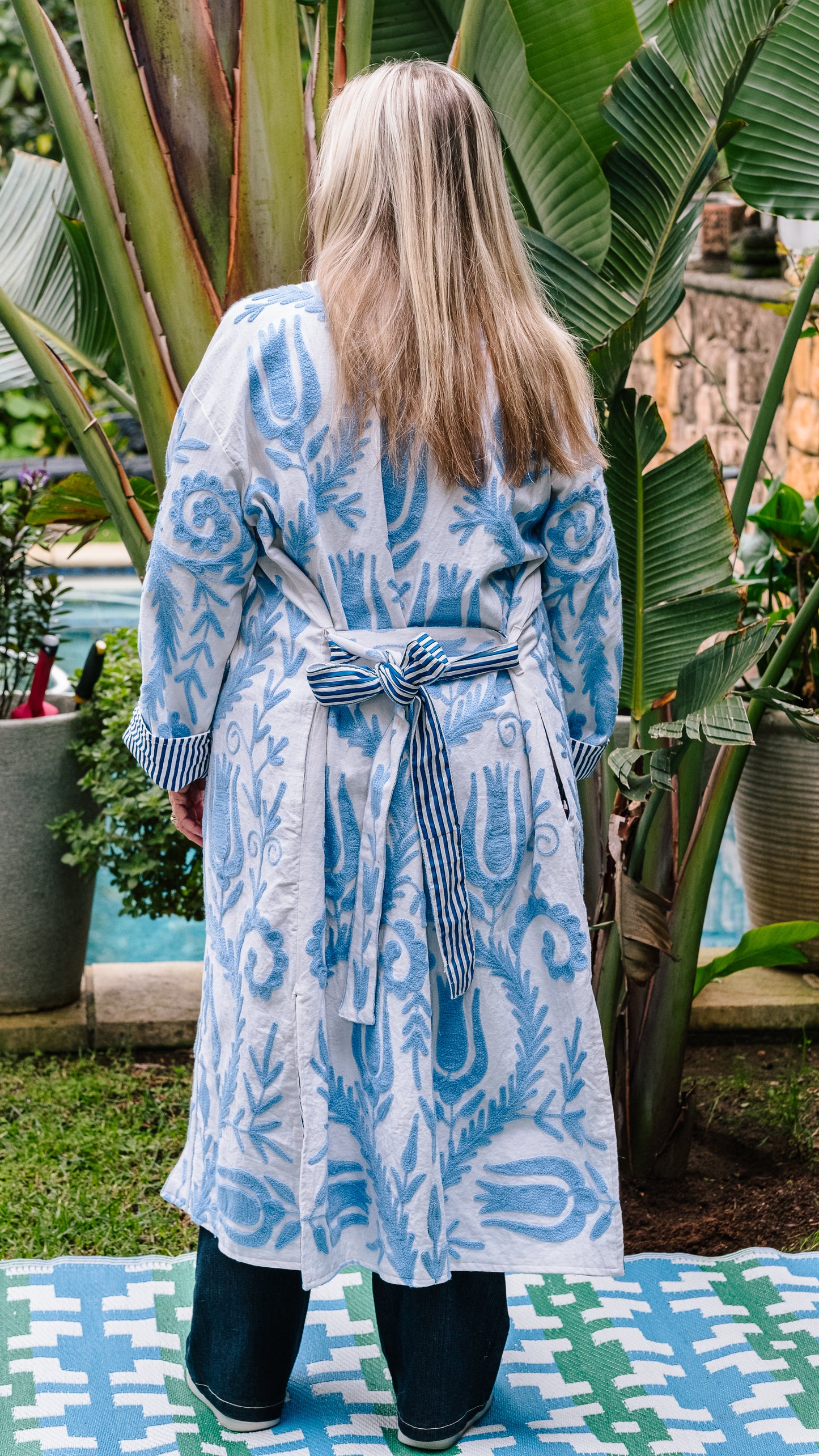 Long Suzani Jacket - White with Baby Blue Embroidery