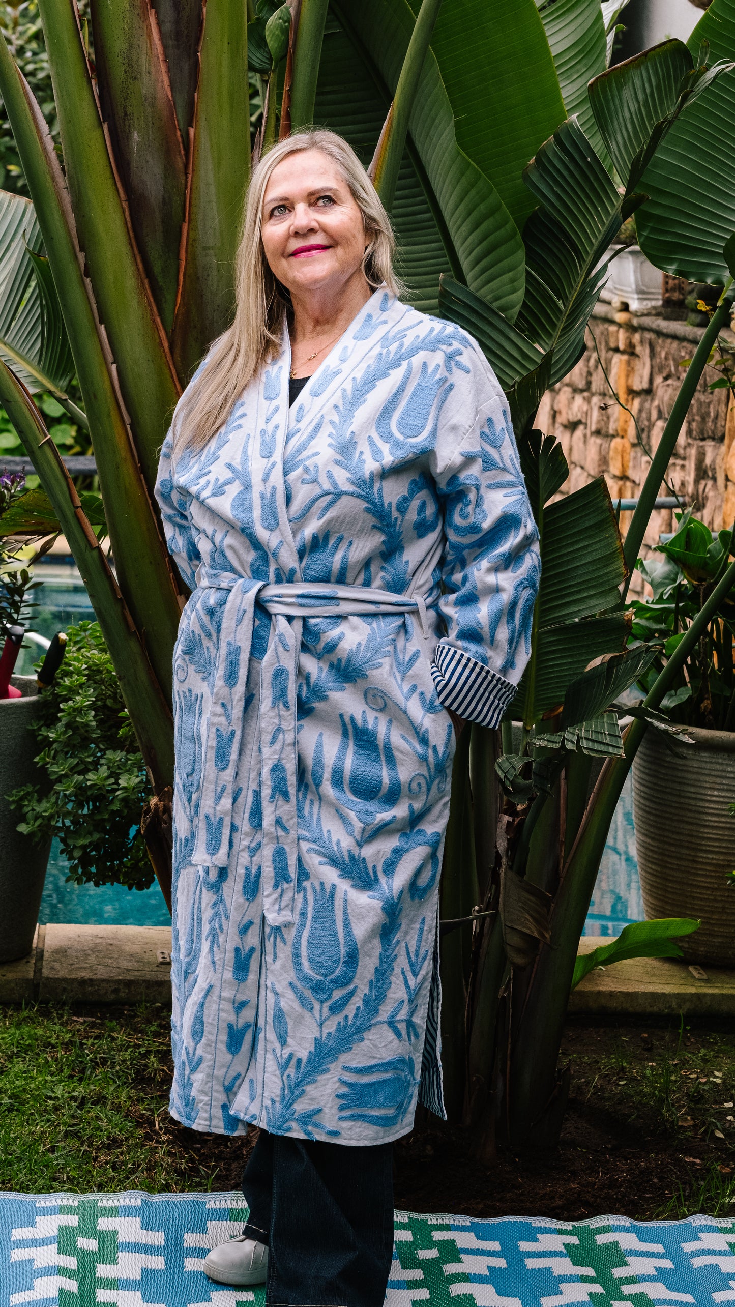 Long Suzani Jacket - White with Baby Blue Embroidery