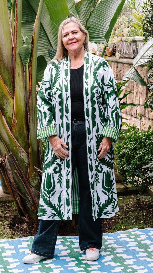 Long Suzani Jacket - White with Forest Green Embroidery