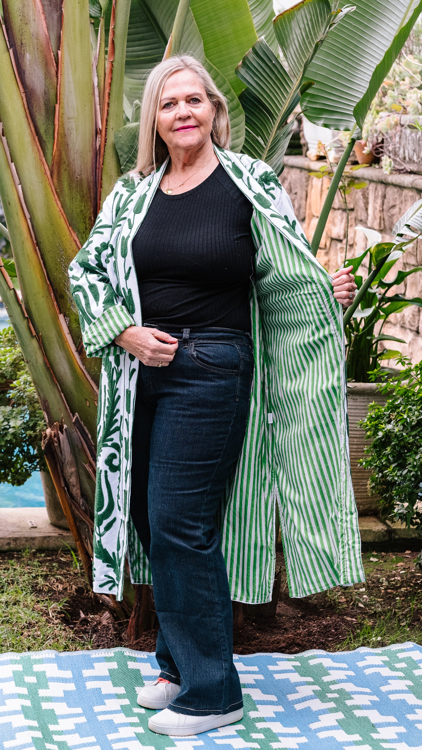 Long Suzani Jacket - White with Forest Green Embroidery