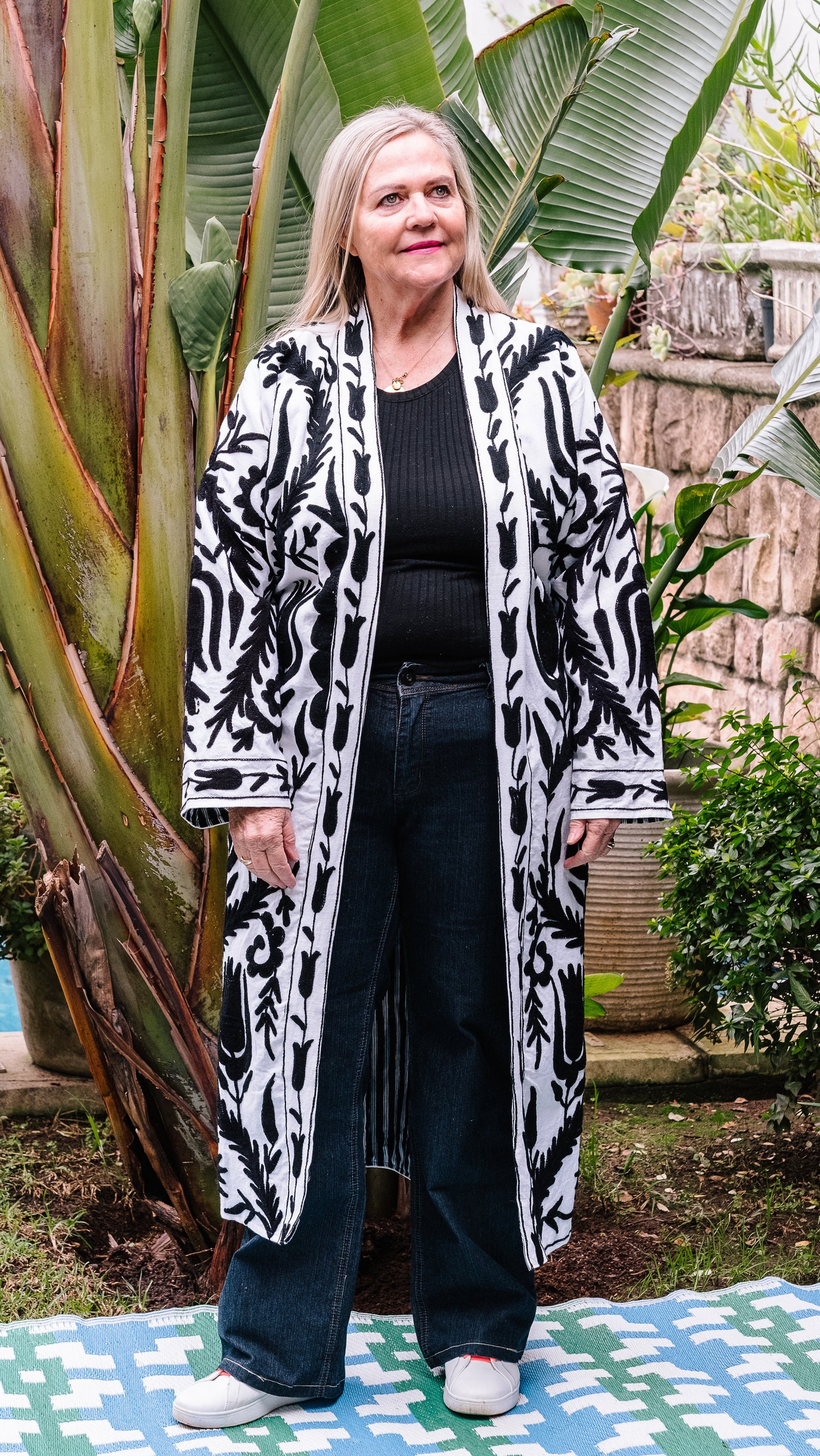 Long Suzani Jacket - White with Bold Black Embroidery