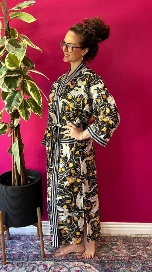 Kimono Gown - Black Cockatoo with Black and White Contrasting Trim