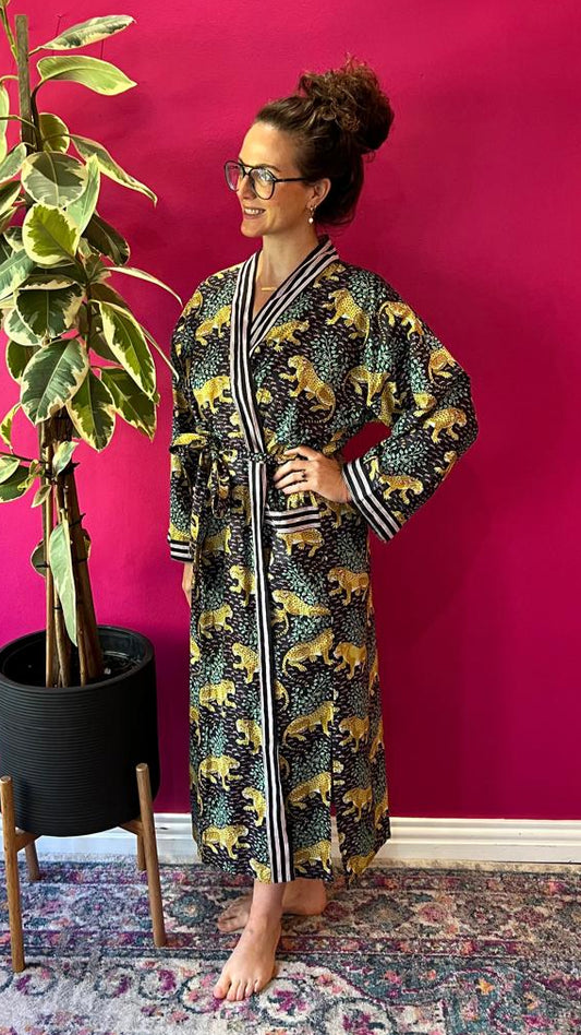 Kimono Gown - Black Leopard with Stripe Cuff and Collar
