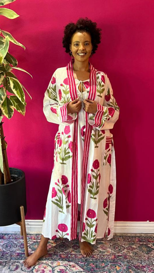 Kimono Gown - Pink Peonies with Contrasting Cuff and Collar Detail