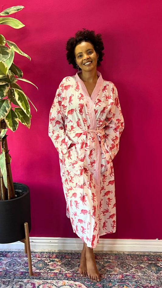 Kimono Gown - Pink Tigers with Contrasting Trim