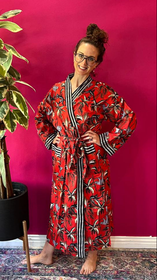 Kimono Gown - Red Monkey Palm with Contrasting Black and White Trim