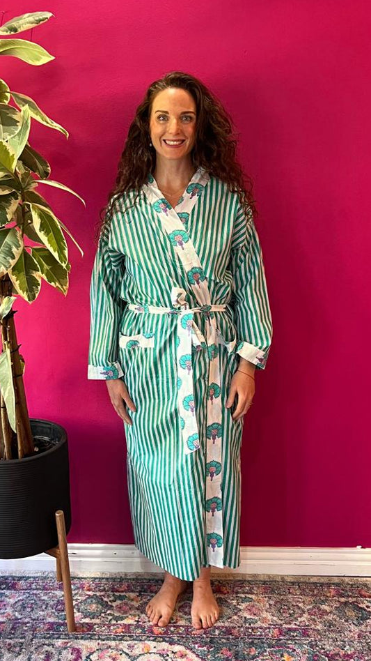 Kimono Gown - Teal Dandelions with Teal Stripe