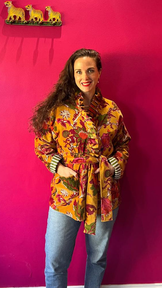 Chelsea Jacket -  Mustard Bold Floral with Green and White Stripe Lining