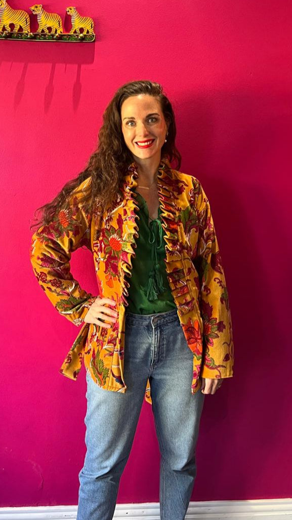 Chelsea Jacket -  Mustard Bold Floral with Green and White Stripe Lining
