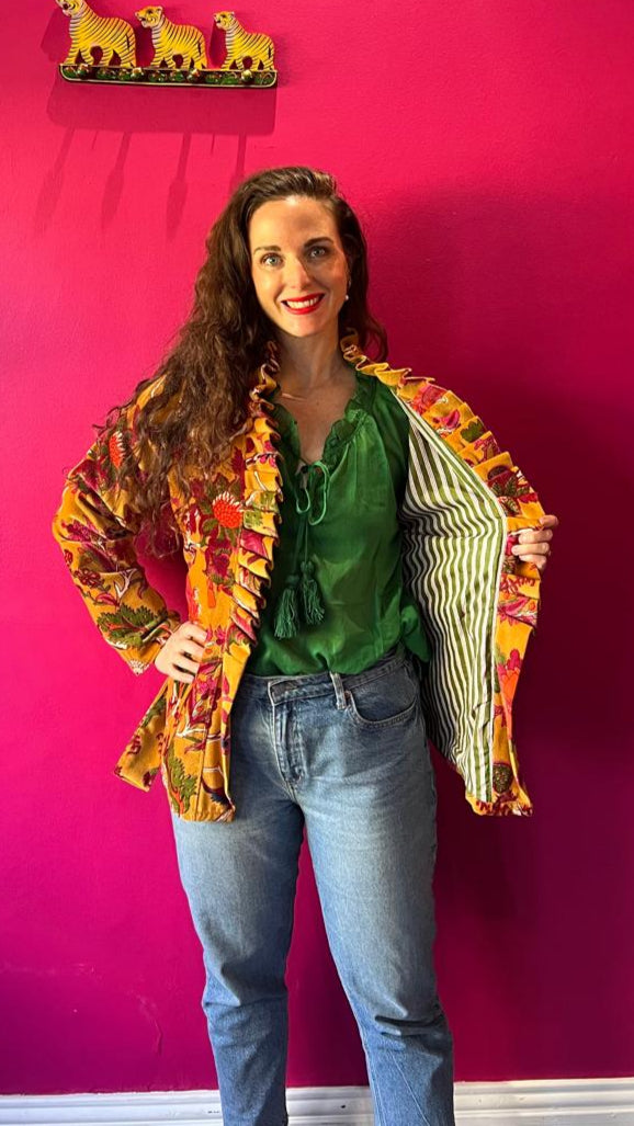 Chelsea Jacket -  Mustard Bold Floral with Green and White Stripe Lining