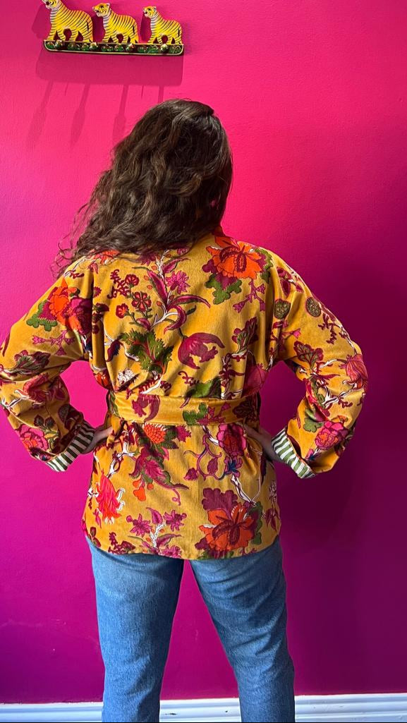Chelsea Jacket -  Mustard Bold Floral with Green and White Stripe Lining