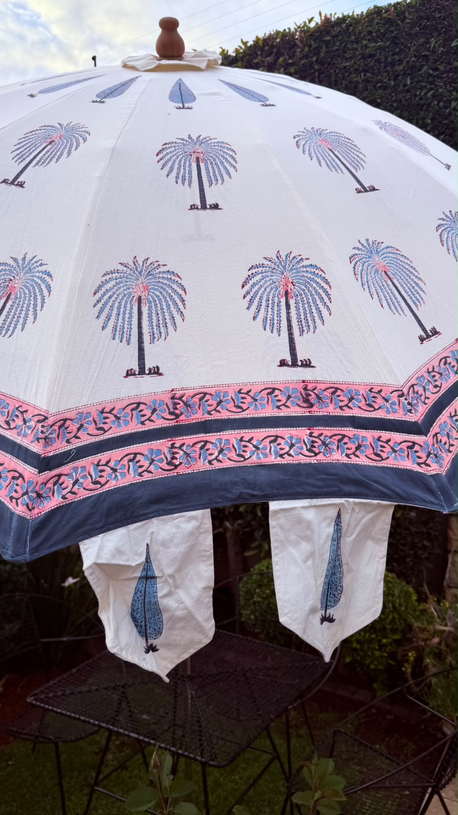 Off White with Blue Palms and  Pink and Navy Accents