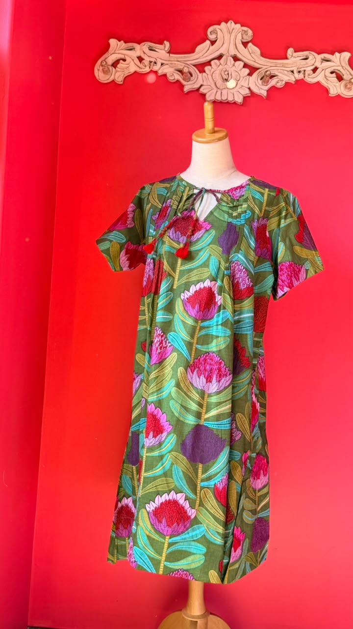 Dewy Dress - Olive Green with Pink and Red Proteas