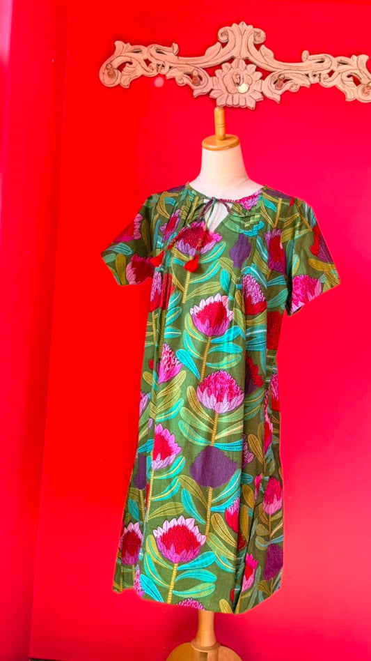 Dewy Dress - Olive Green with Pink and Red Proteas