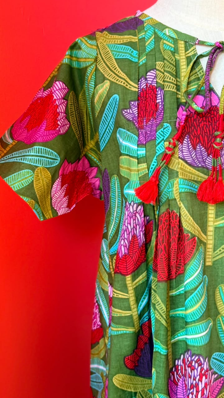 Dewy Dress - Olive Green with Pink and Red Proteas
