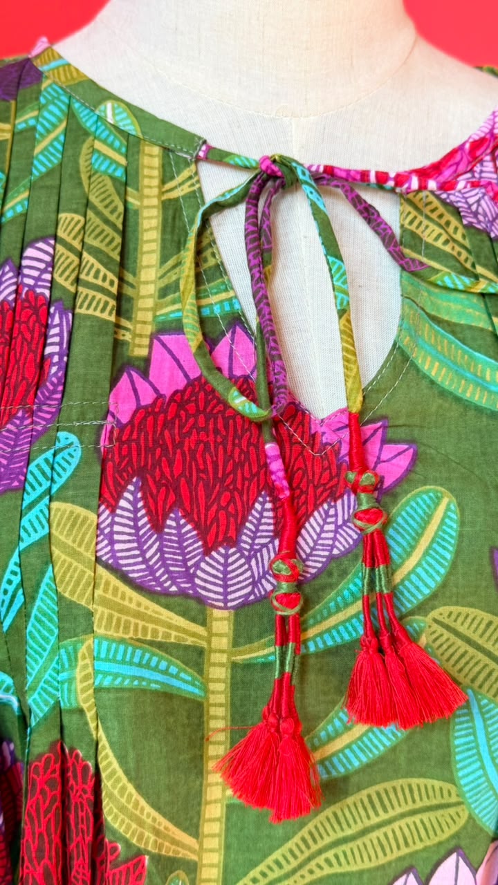 Dewy Dress - Olive Green with Pink and Red Proteas