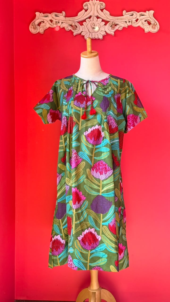 Dewy Dress - Olive Green with Pink and Red Proteas