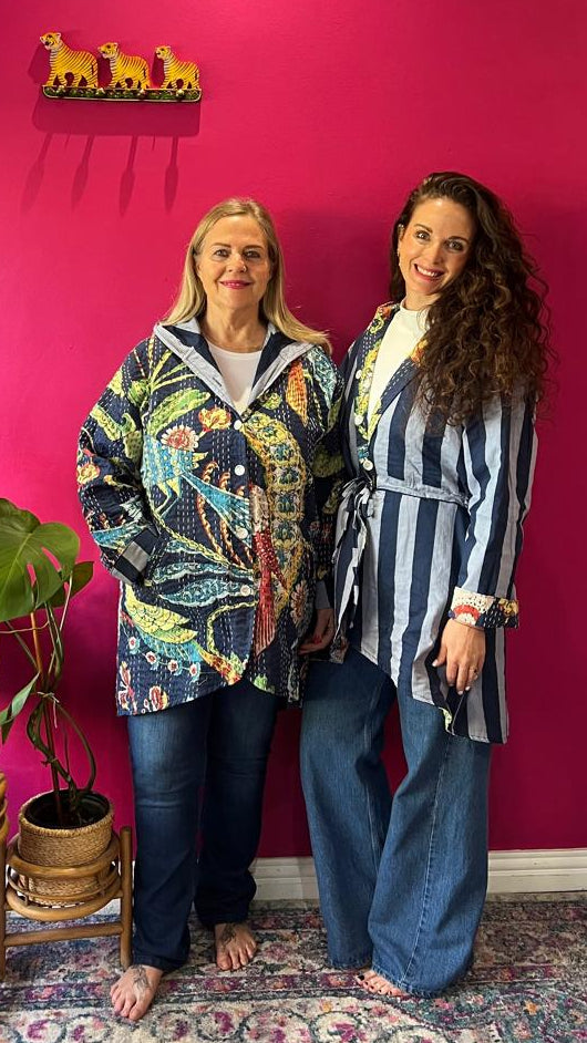 Paddington Peru Kantha Jacket - Navy Bold Bird with Navy and Grey Contrasting Stripe Lining