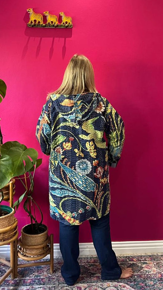 Paddington Peru Kantha Jacket - Navy Bold Bird with Navy and Grey Contrasting Stripe Lining
