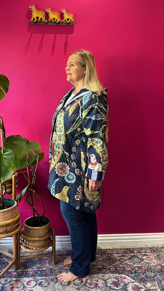 Paddington Peru Kantha Jacket - Navy Bold Bird with Navy and Grey Contrasting Stripe Lining