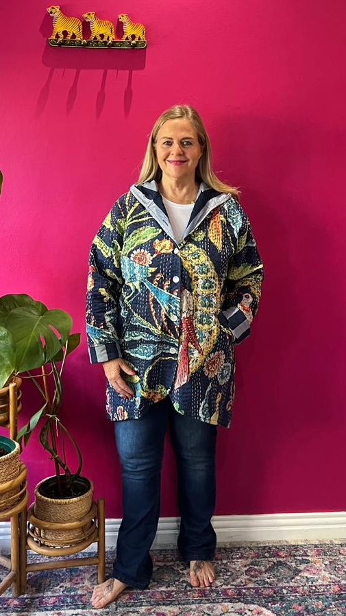 Paddington Peru Kantha Jacket - Navy Bold Bird with Navy and Grey Contrasting Stripe Lining