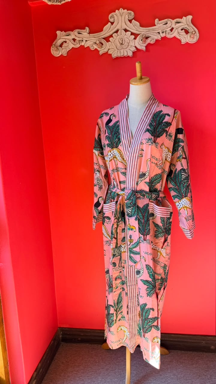 Kimono Gown - Pink zebra print with teal and white trim