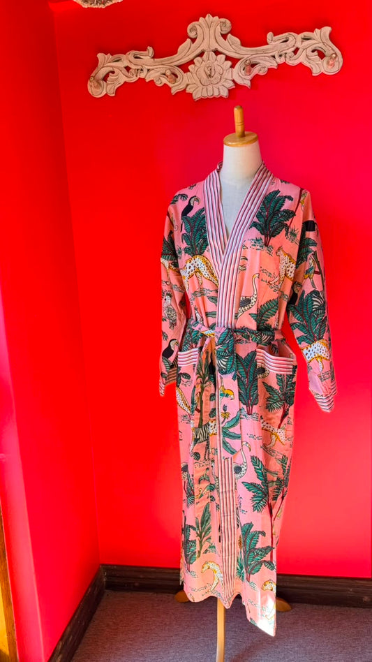 Kimono Gown - Pink zebra print with teal and white trim