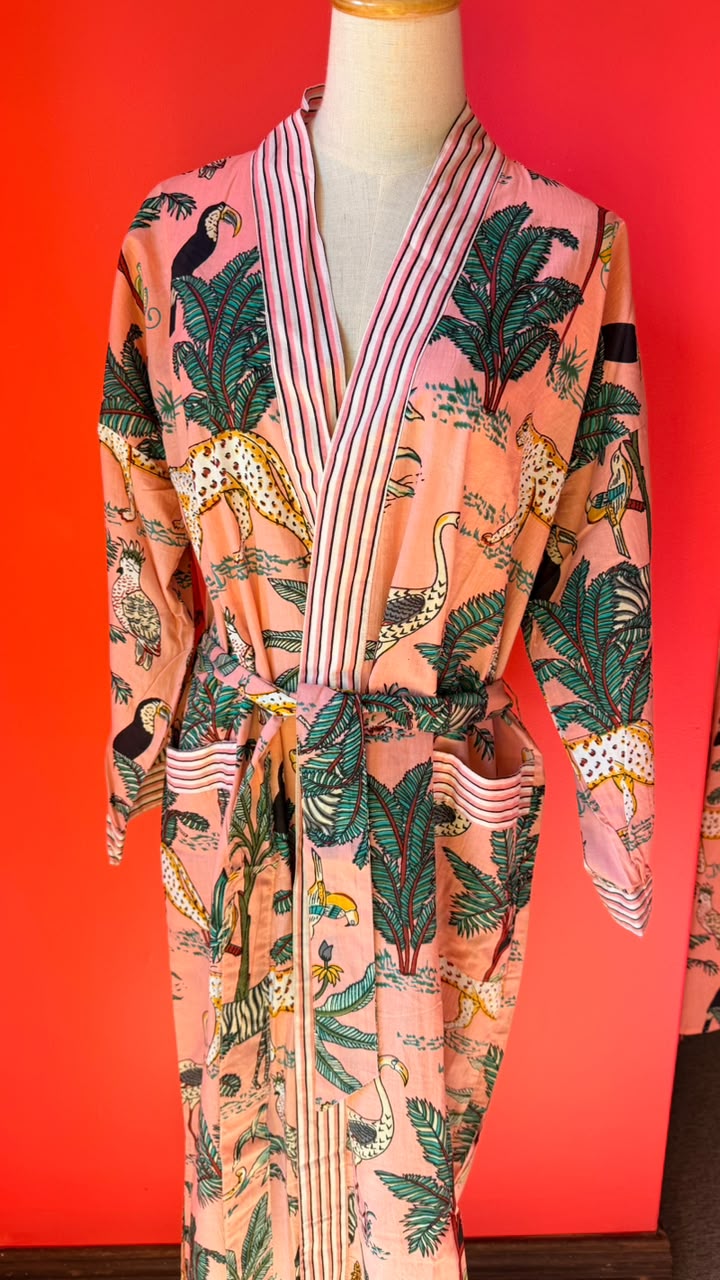 Kimono Gown - Pink zebra print with teal and white trim