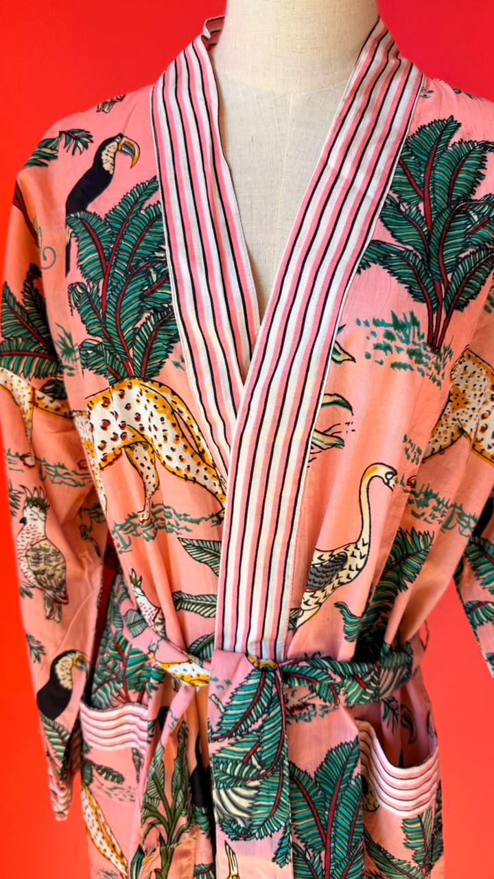 Kimono Gown - Pink zebra print with teal and white trim