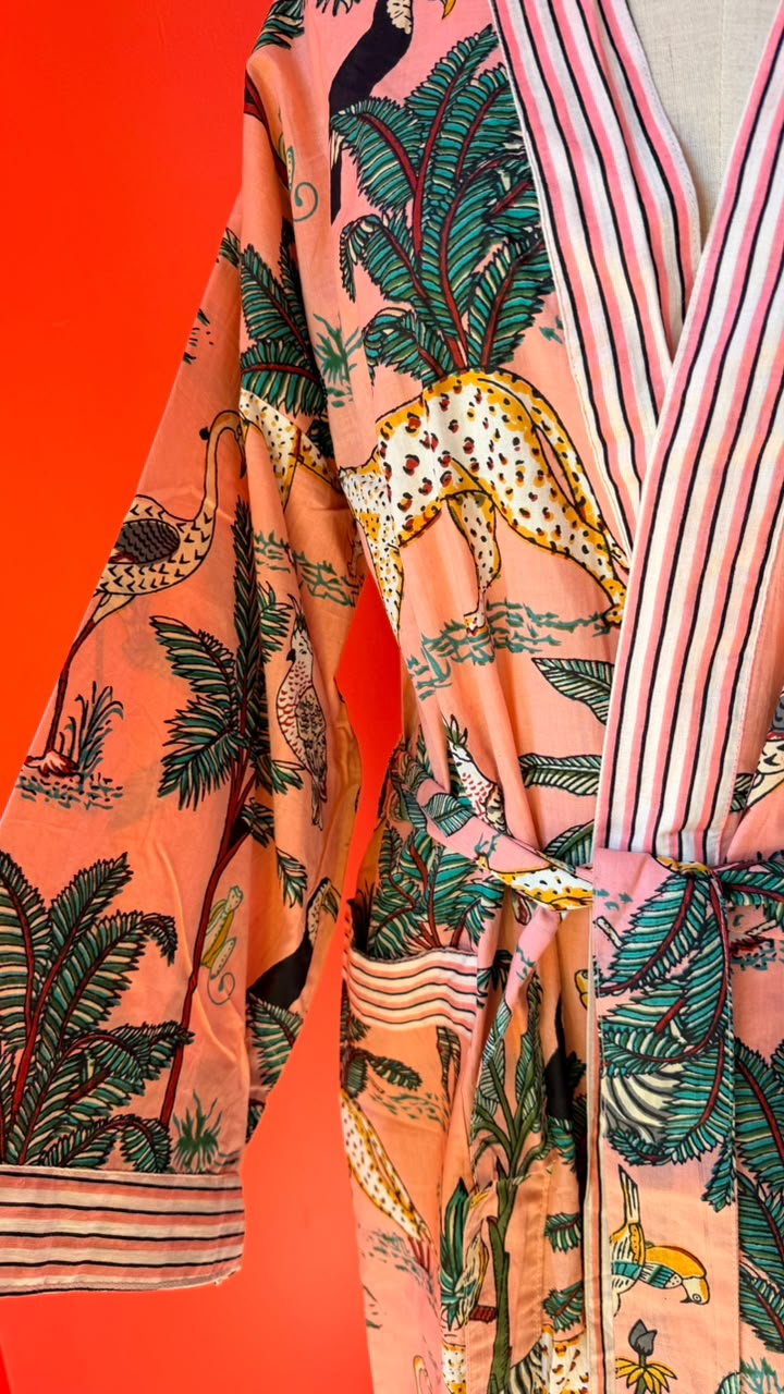 Kimono Gown - Pink zebra print with teal and white trim
