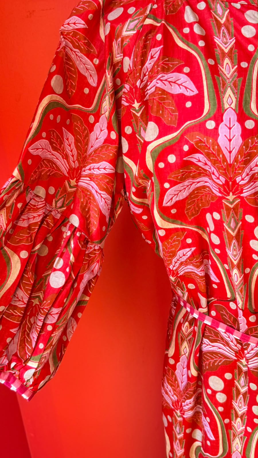 Charlie Grace - Rich Tomato-Coral Red with Accents of Soft Pink to Palms with Leaf Shapes of Moss Green for Outlines