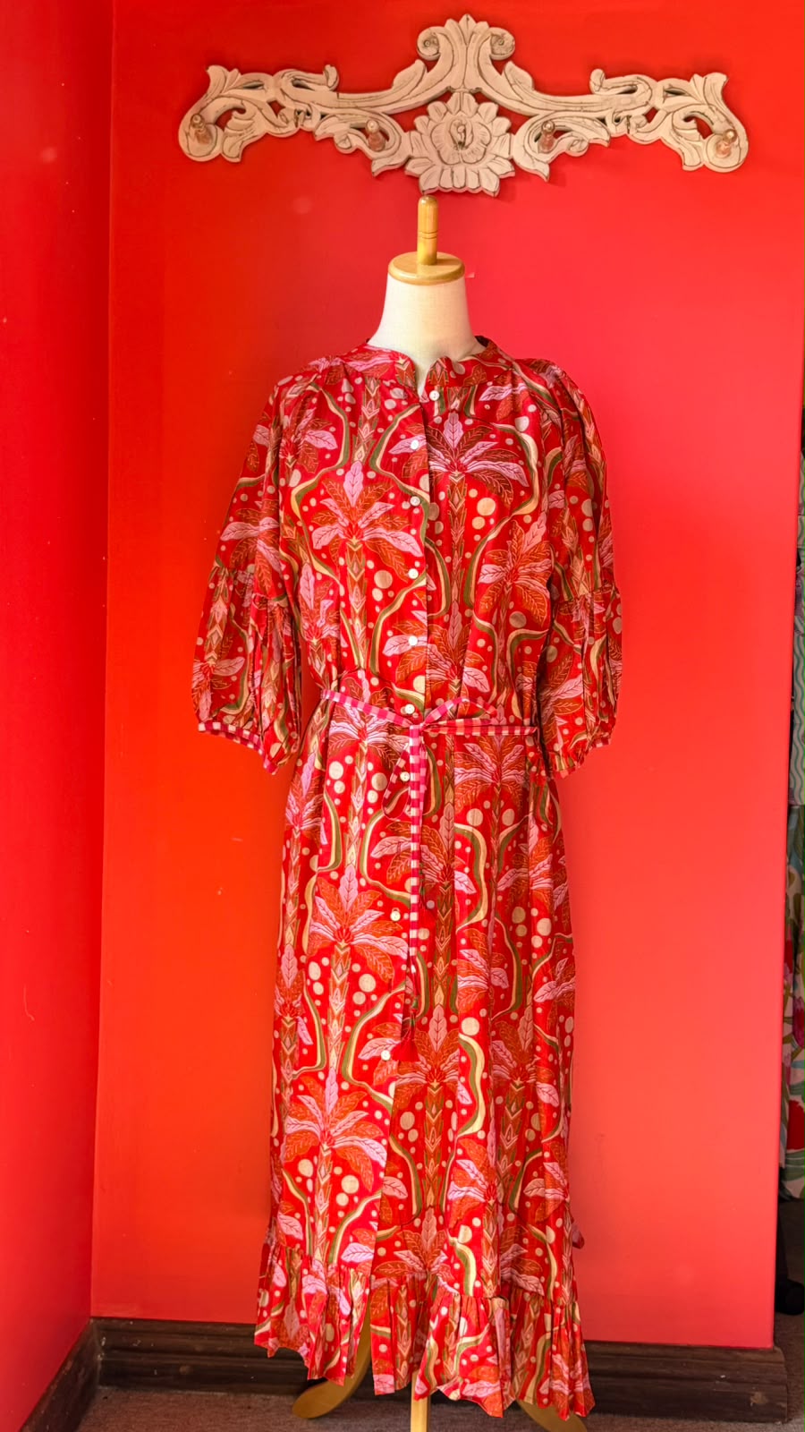 Charlie Grace - Rich Tomato-Coral Red with Accents of Soft Pink to Palms with Leaf Shapes of Moss Green for Outlines